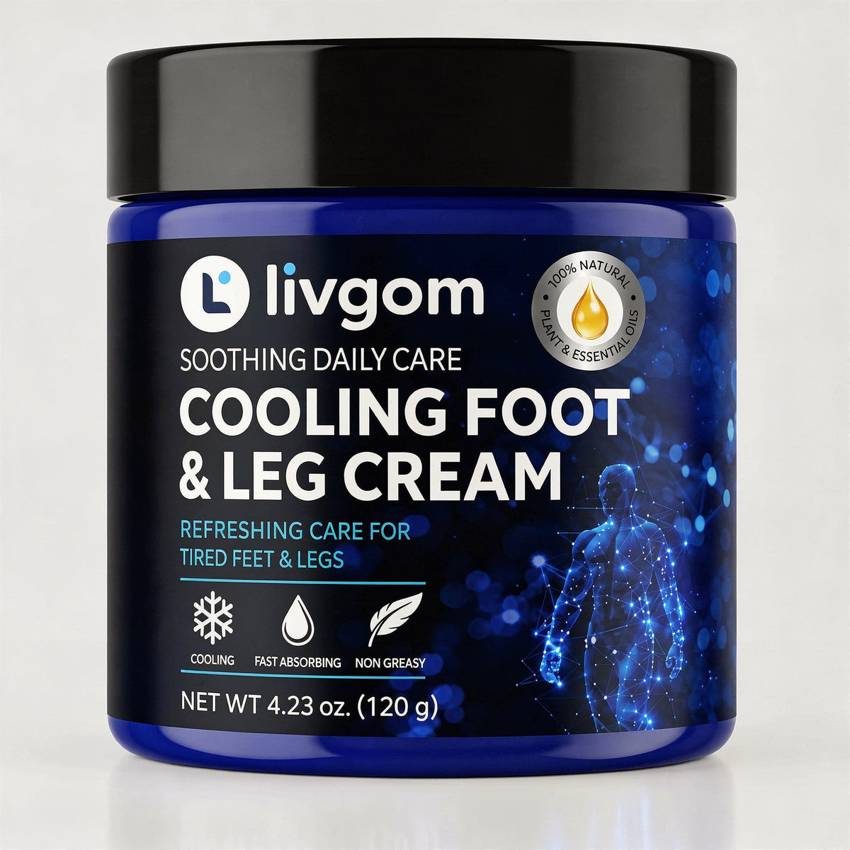 Livgom Cooling Foot & Leg Cream 4.23 oz jar, front view