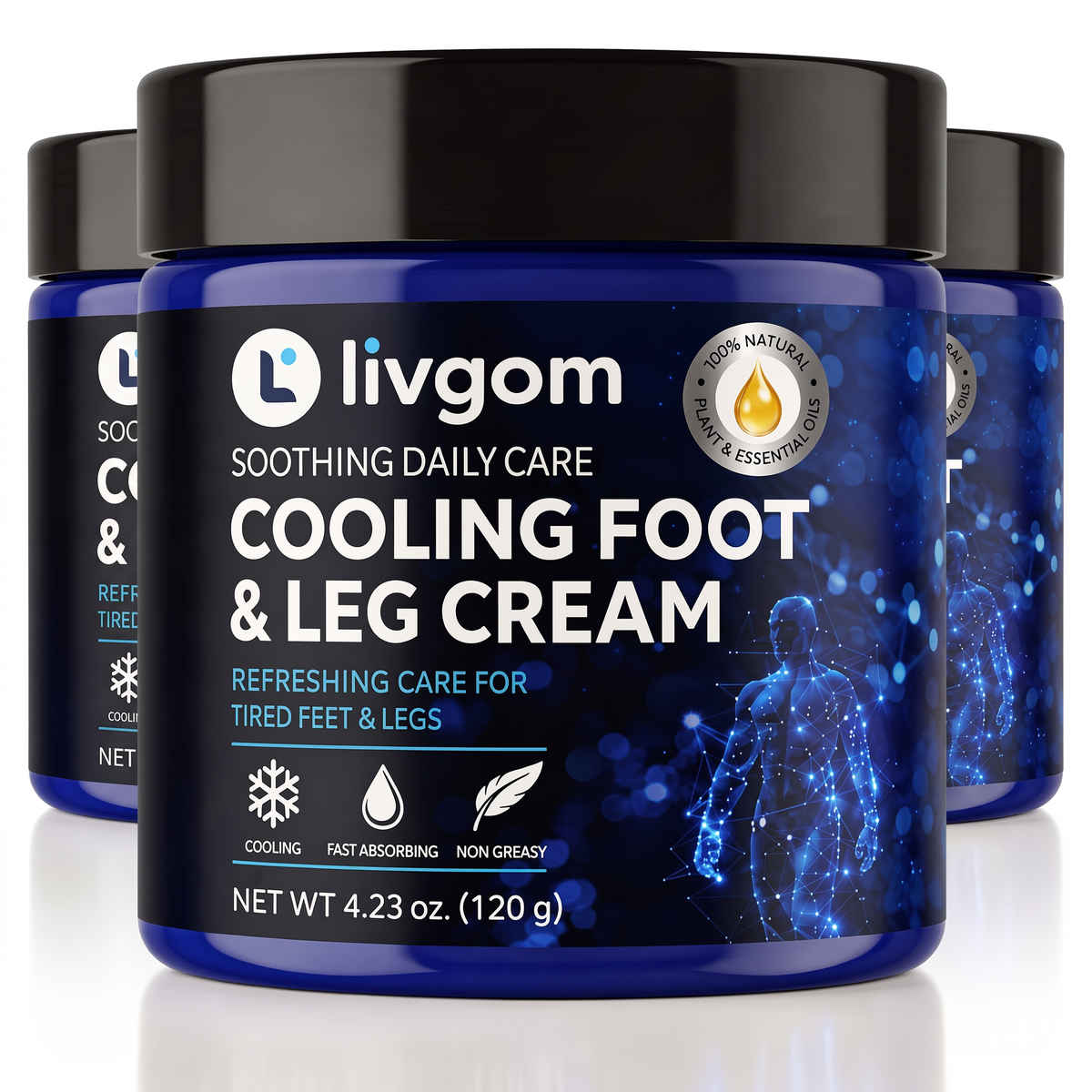 Three jars of Livgom Cooling Foot & Leg Cream