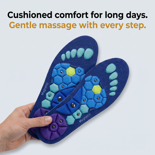 Hand holding a pair of Livgom Acupressure Comfort Insoles with cushioned massage nodes and magnets