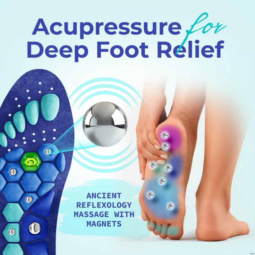Acupressure insole with reflexology massage nodes and small magnets under the sole of the foot