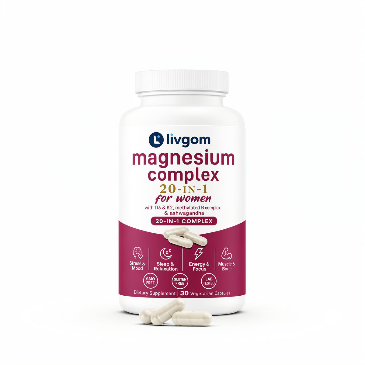 Livgom Magnesium Complex 20 in 1 for Women bottle, 30 vegetarian capsules, on white background
