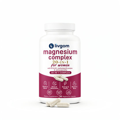Livgom Magnesium Complex 20 in 1 for Women bottle, 30 vegetarian capsules, on white background