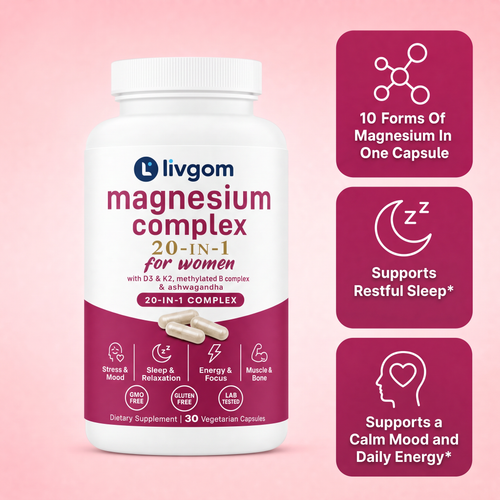 Livgom Magnesium Complex for Women bottle with 10 forms of magnesium, restful sleep and calm mood support highlights