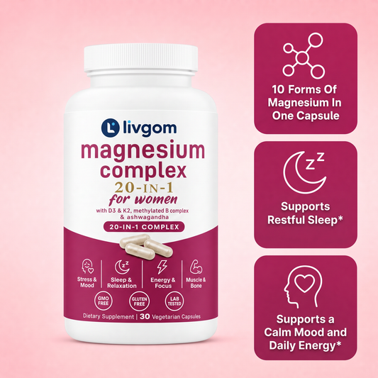 Livgom Magnesium Complex for Women bottle with 10 forms of magnesium, restful sleep and calm mood support highlights