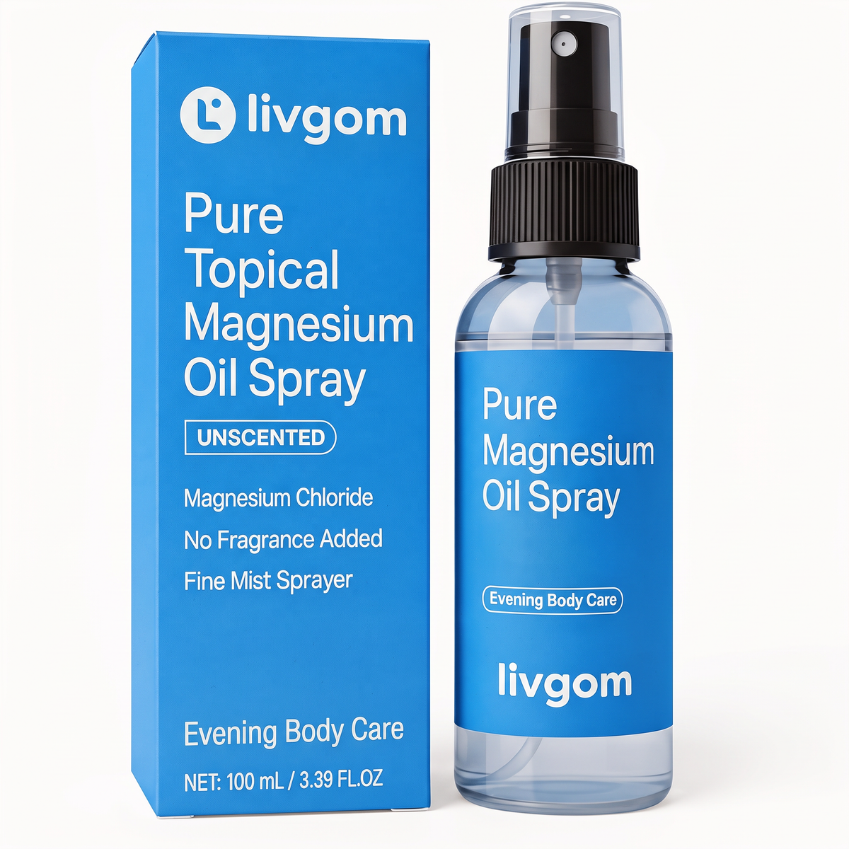 Livgom Magnesium Oil Spray 100 mL bottle and box, unscented
