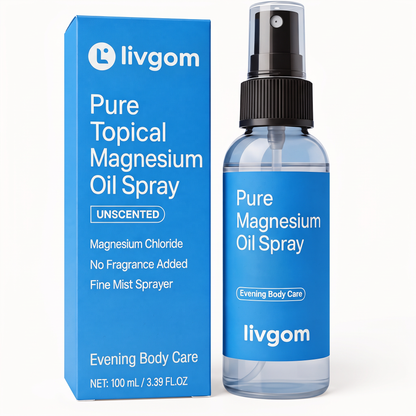 Livgom Magnesium Oil Spray 100 mL bottle and box, unscented