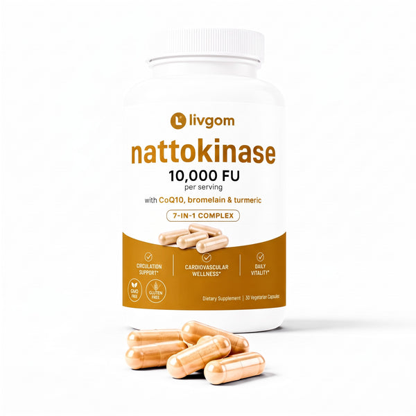 Livgom Nattokinase 10,000 FU bottle with vegetarian capsules on a white background