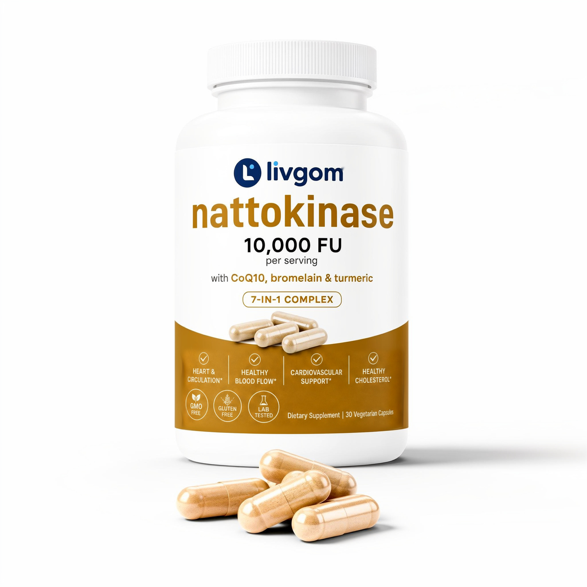 Livgom Nattokinase 10,000 FU bottle with capsules on a white background