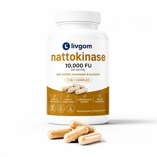 Livgom Nattokinase 10,000 FU bottle with capsules on a white background