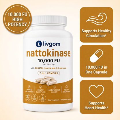 Livgom Nattokinase 10,000 FU: supports healthy circulation and heart health, one capsule a day