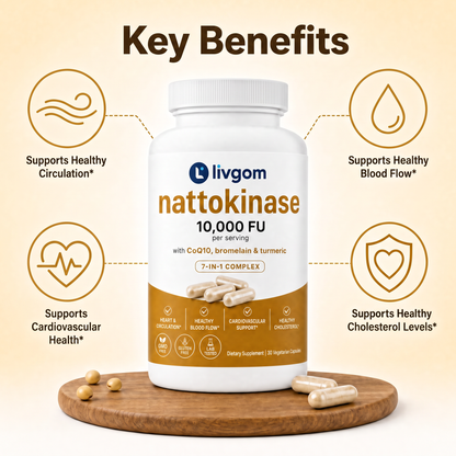 Key benefits of Livgom Nattokinase: circulation, blood flow, cardiovascular and cholesterol support