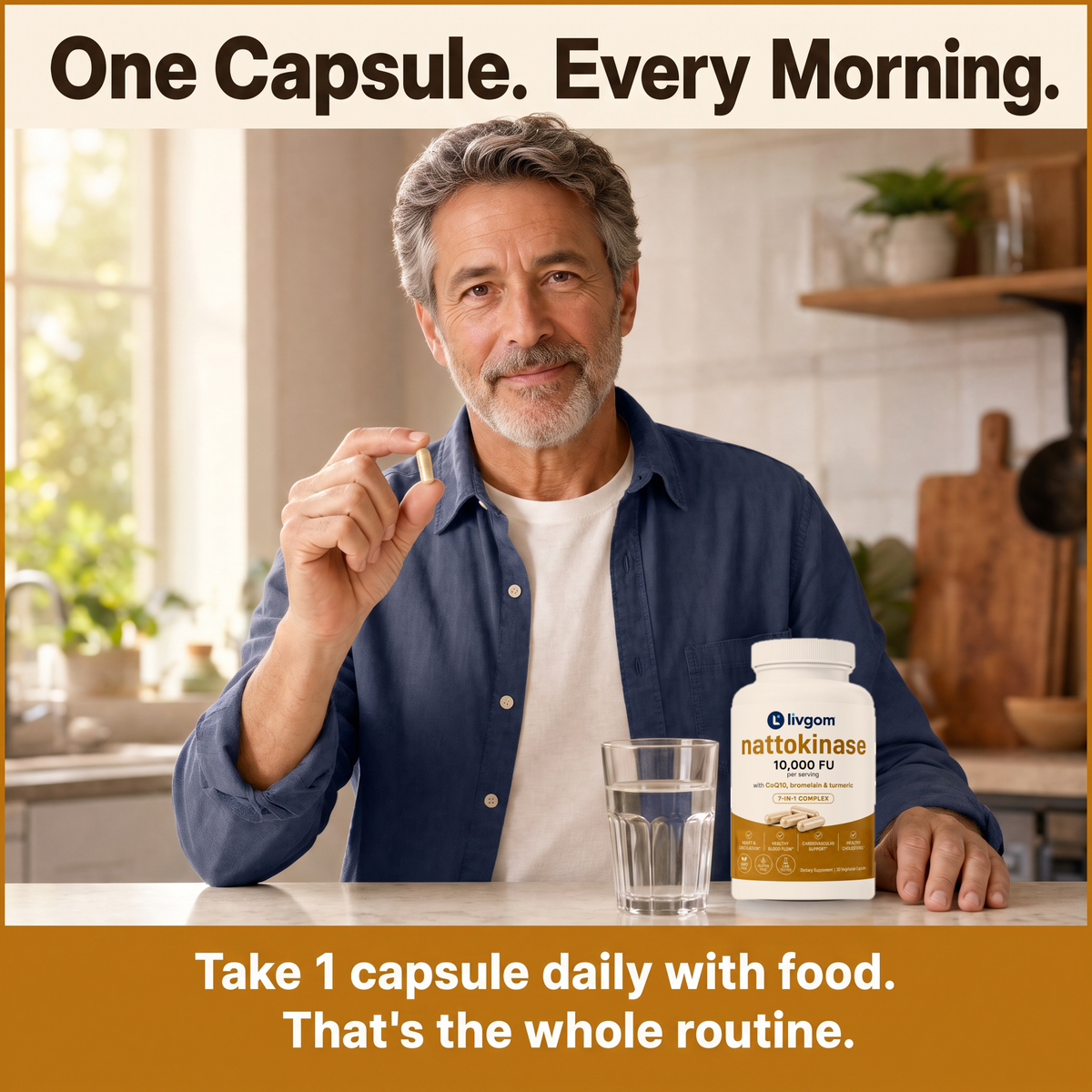 Man taking one Livgom Nattokinase capsule in the morning with a glass of water
