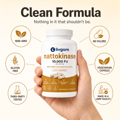 Hand holding Livgom Nattokinase: clean formula, non GMO, gluten free, vegetarian capsule