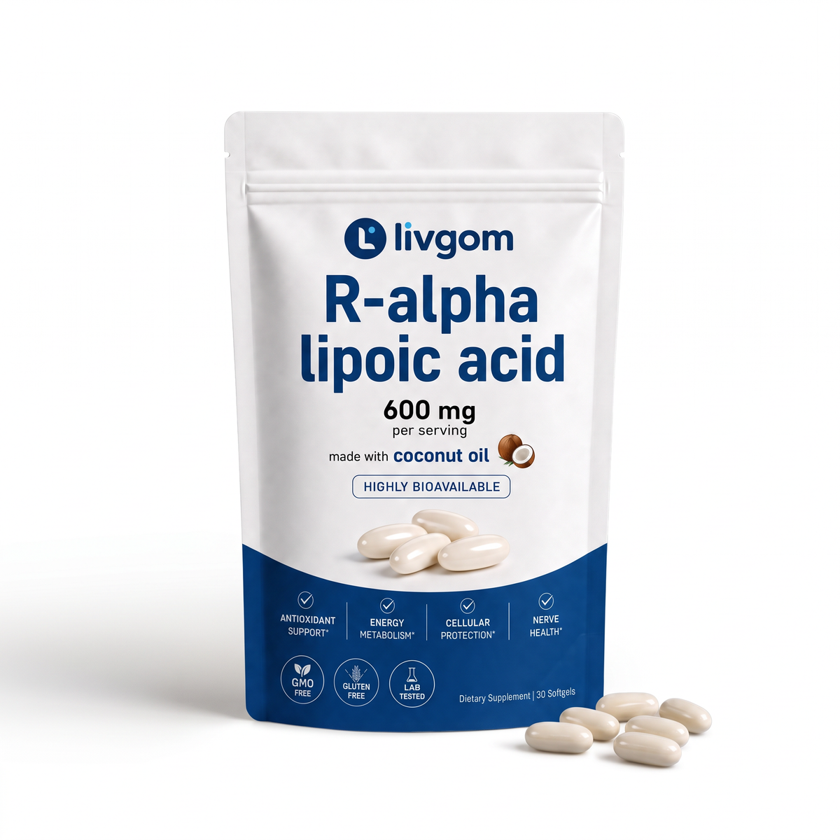 Livgom R-Alpha Lipoic Acid 600mg pouch with softgels on a white background