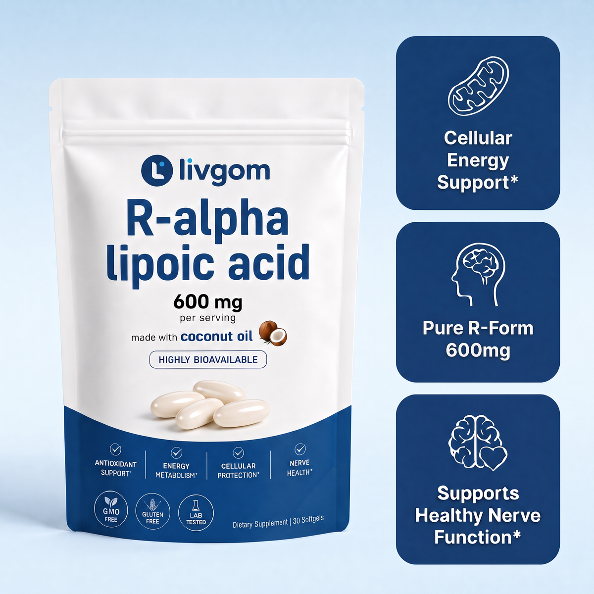 Livgom R-ALA 600mg pouch with cellular energy, pure R-form and nerve function support highlights