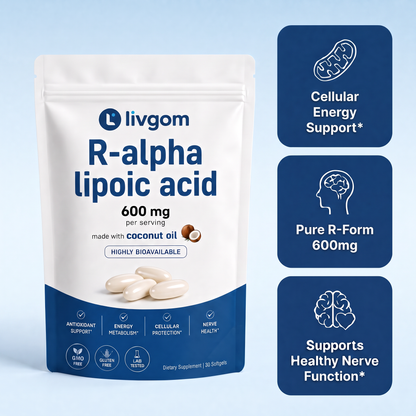 Livgom R-ALA 600mg pouch with cellular energy, pure R-form and nerve function support highlights