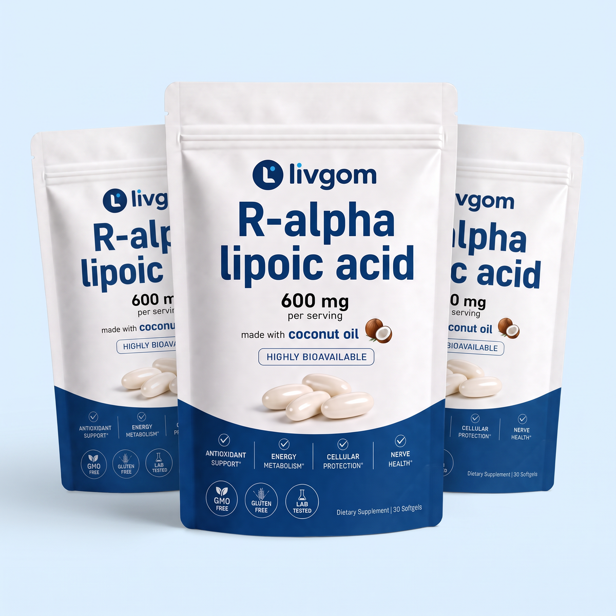 Three pouches of Livgom R-Alpha Lipoic Acid 600mg