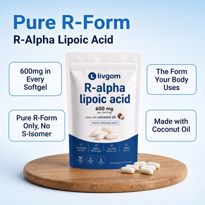 Livgom R-ALA pouch on a wooden board: pure R-form, 600mg per softgel, made with coconut oil
