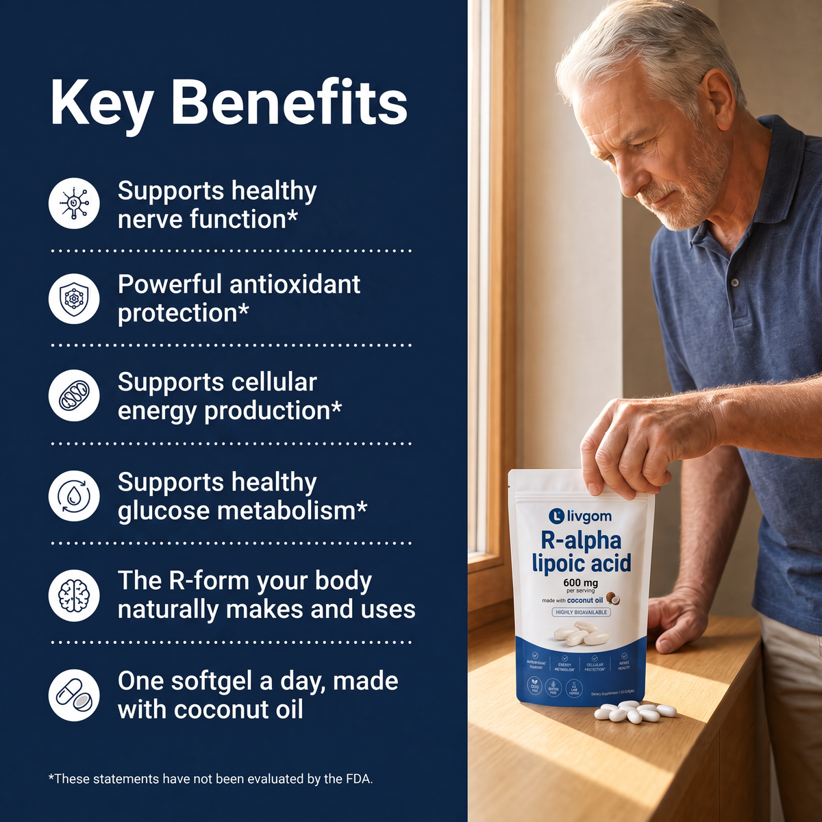 Key benefits of Livgom R-Alpha Lipoic Acid with a senior man holding the pouch