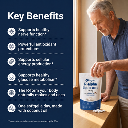 Key benefits of Livgom R-Alpha Lipoic Acid with a senior man holding the pouch
