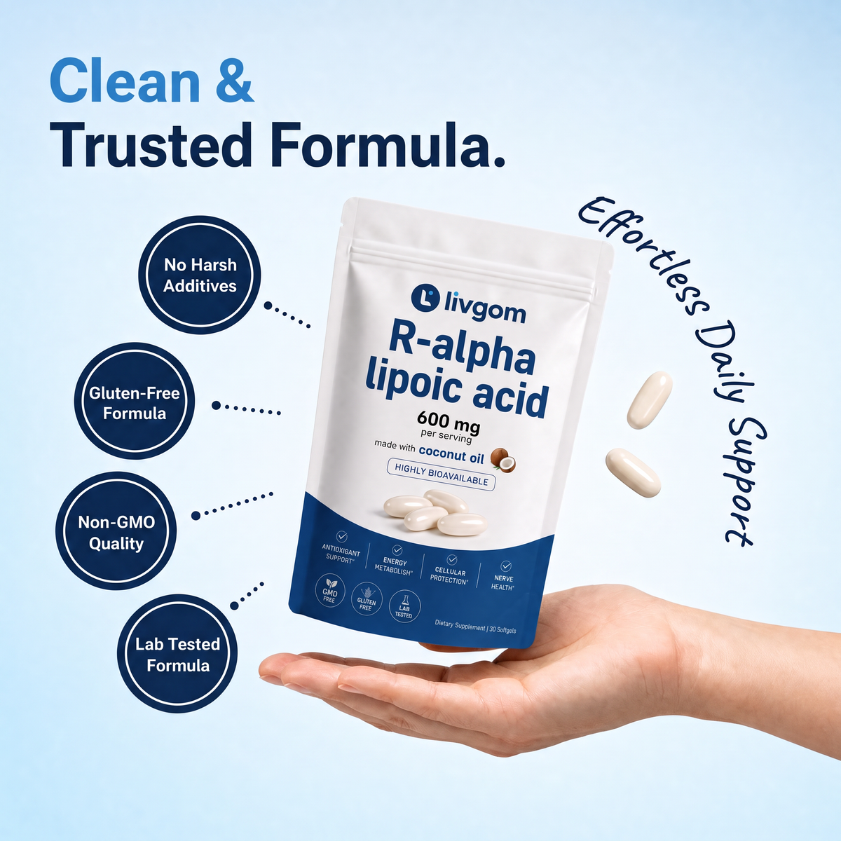 Hand holding the Livgom R-ALA pouch: clean and trusted formula, gluten free, non GMO, lab tested