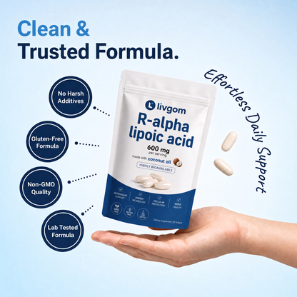 Hand holding the Livgom R-ALA pouch: clean and trusted formula, gluten free, non GMO, lab tested