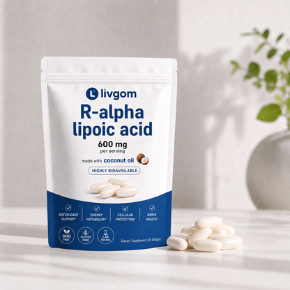 Livgom R-Alpha Lipoic Acid pouch on a bright countertop with softgels and a plant