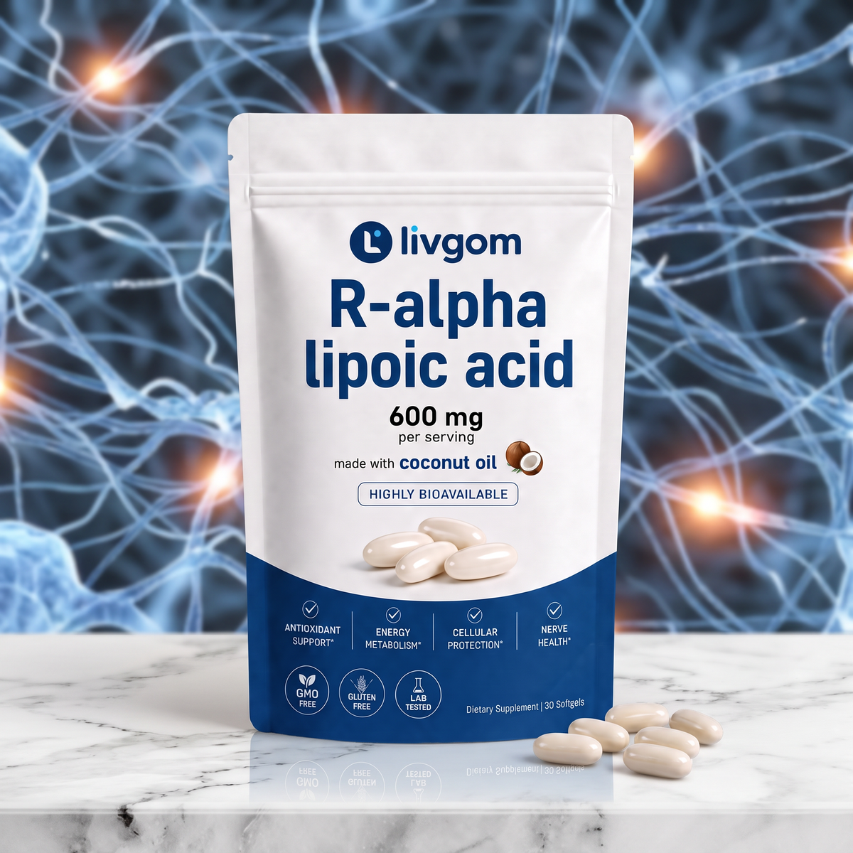 Livgom R-ALA 600mg pouch on marble with softgels