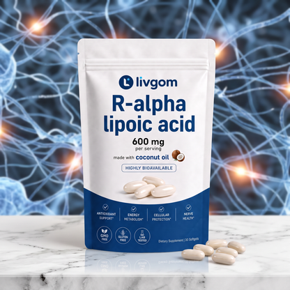 Livgom R-ALA 600mg pouch on marble with softgels
